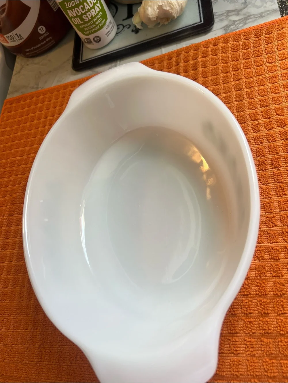 White Casserole Dish with Green Floral Border - Classic Milk Glass